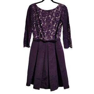 ELIZA J Dress Floral Lace Crepe Midi Fit & Flare Plum Purple Size 8 Belted Fairy